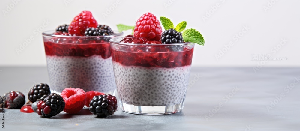 Poster vibrant raspberry and blackberry chia pudding in colorful cups ready to serve