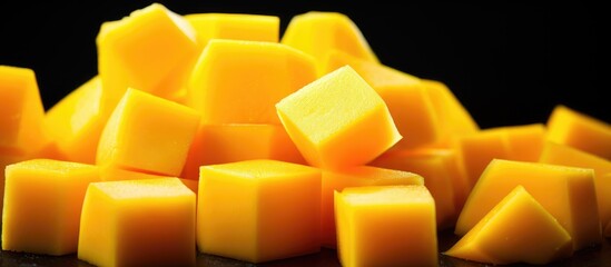 Cubes of Fresh Mango Fruit Arranged on Dark Background - Tropical Food Concept