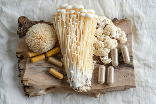 overhead flat lay view of lions mane mushroom with vitamin supplement tablets
