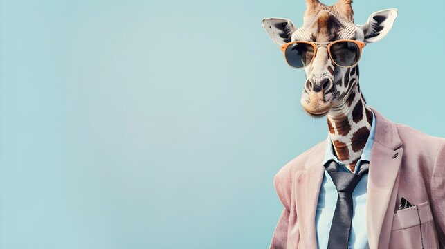 Cool looking giraffe wearing funky fashion dress - jacket, shirt, tie, sunglasses. Wide banner with space for text at side. Stylish animal posing