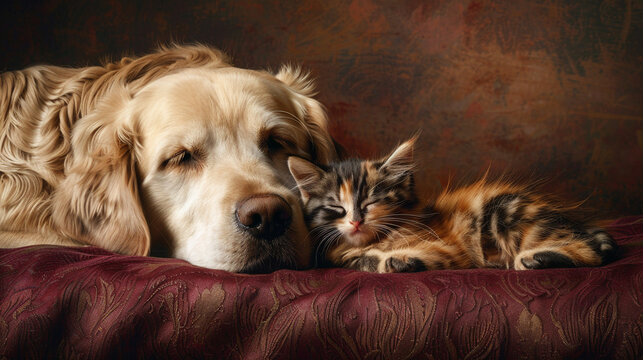 A gentle Labrador and a charming calico kitten enjoying a shared moment of serenity on a rich burgundy surface.