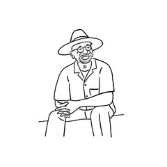 Senior man wearing Panama hat smiling face Retirement people lifestyle Hand drawn line art Illustration