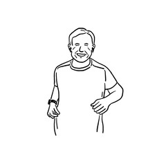 Senior man wear earbuds People lifestyle Retirement age Hand drawn line art Illustration