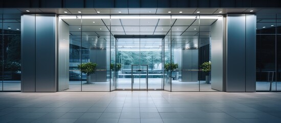 Urban Elegance: Glass Doorway Adorned with Lush Potted Plant in a Modern Office Building