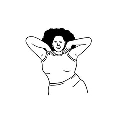 Chubby woman Cheerful pose Happy people Self love concept Hand drawn line art Illustration