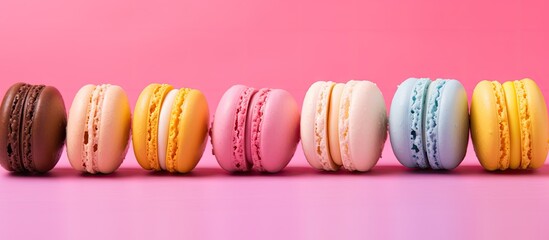 Vibrant Macarons Arranged in a Colorful Line on a Soft Pink Background