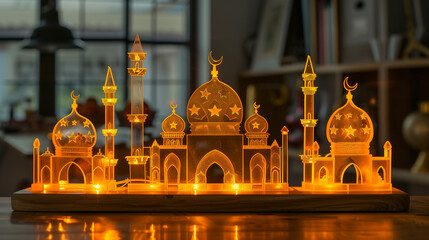 Obraz premium A beautiful mosque ornament made up of Acrylic led with glowing lighting. Ramadan kareem decoration