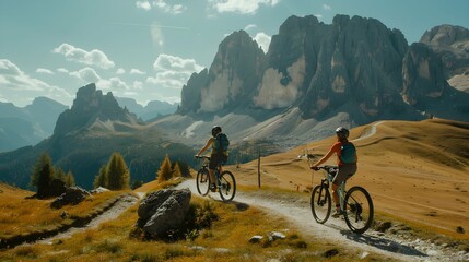 Cycling woman and man riding on bikes in Dolomites mountains andscape. Couple cycling MTB enduro trail track. Outdoor sport activity - obrazy, fototapety, plakaty