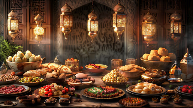 Ramadan kareem dinner wide image of table with filled of sehri food for muslim brothers and sisters