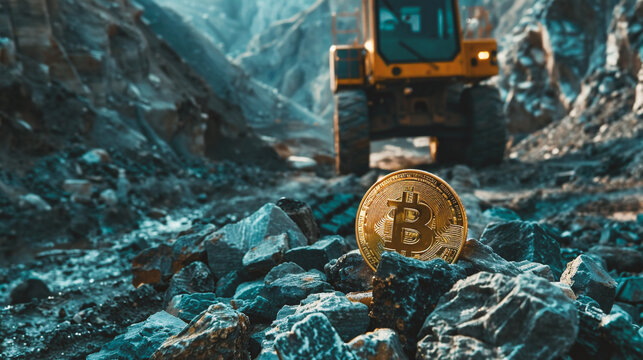 Gold bitcoin coin on the background of a mining excavator. Cryptocurrency mining concept.