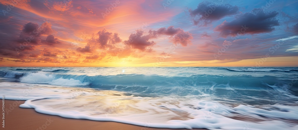 Poster serenity at dusk: mesmerizing beach sunset with a calming ocean waves backdrop