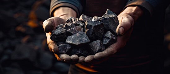 Miner Holding Rough Iron Stone Coal Nugget in Hands - Industrial Mining Concept