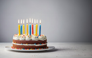 Birthday cake with candles on gray background.