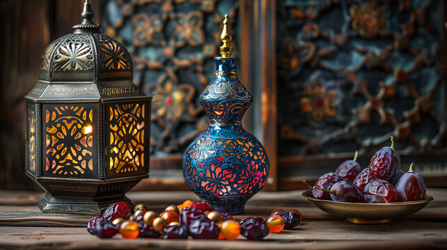 Lantern with date bowl and attar bottle placed in the wooden table