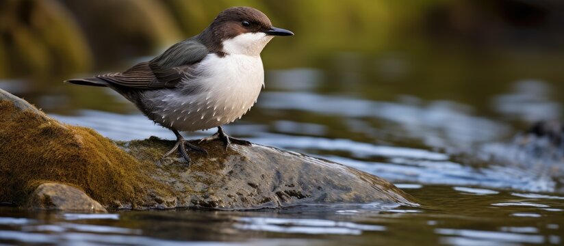 Graceful White-Throated Dipper Perched on a Water Rock in Tranquil Habitat