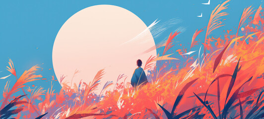 Fototapeta na wymiar summer background illustration, a man looking at big sun setting at horizon at pampas grass field, Ai Generated