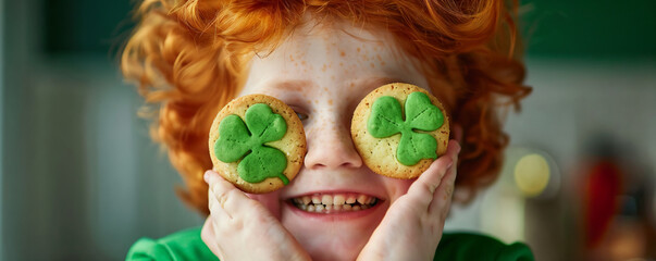 Redhead and freckle face Irish boy leprechaun with shamrock cookies over his eyes. Smiling Irish child wearing green on St. Patrick's.