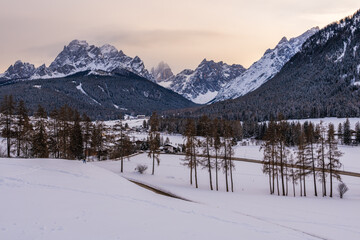 Fototapeta na wymiar Three Peaks (Drei Zinnen) ski resort in the UNESCO World Heritage site Dolomites in Italy.