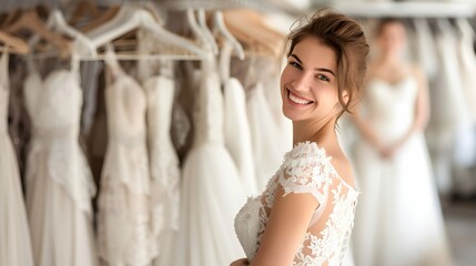 Naklejka premium Elegant bride smiling in dress boutique with wedding gowns. Bridal fashion and beauty.