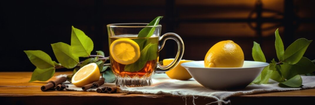 Tea In Cup With Leaf Mint And Lemon Isolated On White Background