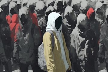 Color-accented individual in a crowd, conceptual art of conformity and individuality - obrazy, fototapety, plakaty