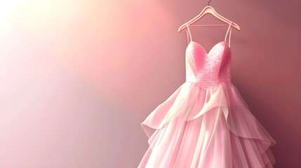 Elegant pink wedding dress , prom dress on hanger.