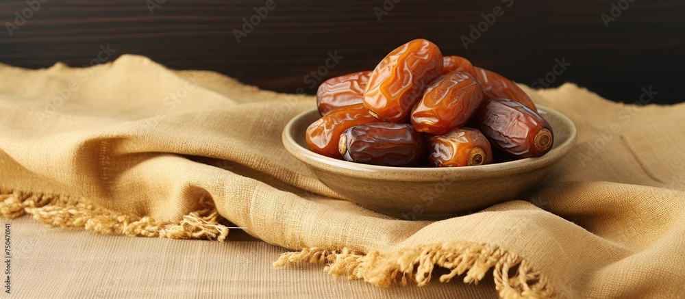 Poster delicious dates displayed in a golden bowl on elegant hemp fabric background