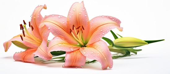 Elegant Pink Daylilies Adorned with Glistening Dewdrops on White Background