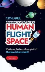 International day of Human Space Flight.12th April International day of human space flight celebration story post, banner, social media post with space icons, moon, planets, spaceships, stars.  - obrazy, fototapety, plakaty