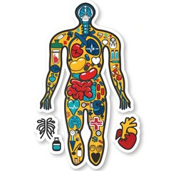 Fun medicine healthcare cartoon sticker for health education, isolated on white with cut-out edge - quirky and informative