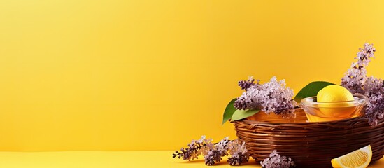 Basket Filled with Fresh Lemons and Vibrant Lilac Flowers on a Sunny Yellow Background