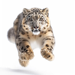 Snow leopard in mid-pounce, isolated on white background