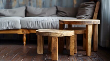 Empty wooden nesting tables indoors, space for text. Stylish furniture