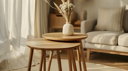 Empty wooden nesting tables indoors, space for text. Stylish furniture