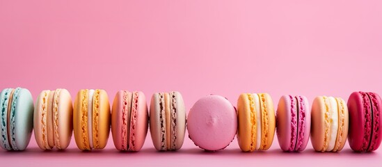 Vibrant Assortment of Macarons Arranged in a Line on Pastel Pink Background