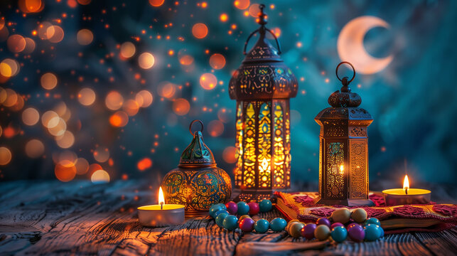 Diya with arabs lantern with beads placed on the wooden table and a blue background with ramadan moon and glowing particles in the back