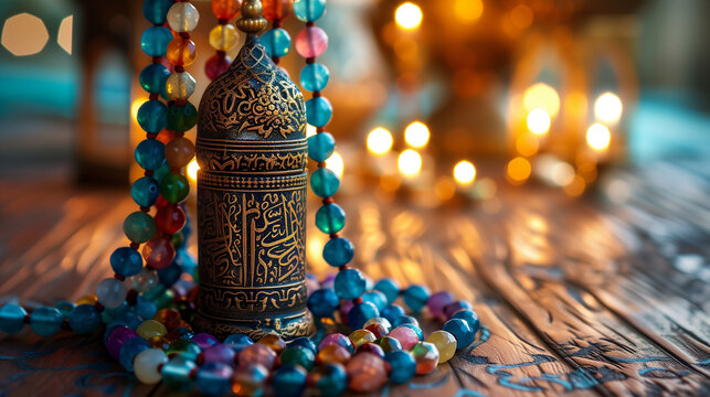 attar bottle with muslim rosary in the wooden table