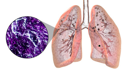 Lungs affected by silicosis, 3D illustration and micrograph