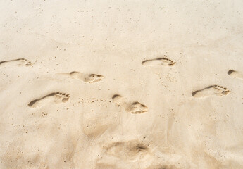 Fototapeta na wymiar Footprints on beach in sand background top view