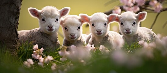 Three Playful Lambs Frolic Among Vibrant Wildflowers in a Sunlit Meadow