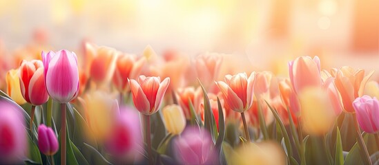 Vibrant Field of Blooming Tulips in a Serene Garden, Nature's Colorful Symphony of Flora