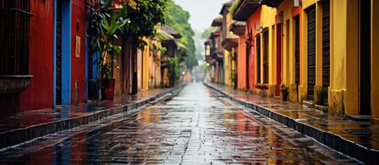 Reflective Urban Scene: Colorful Buildings Along a Rain-Soaked Ancient City Street