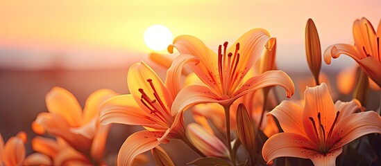 Grief and Hope: Bunch of Vibrant Orange Lily Flowers in Mourning Against a Serene Sunrise Backdrop