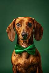 studio image of dachshund for St. Patrick's Day, wearing a green bowtie on green background