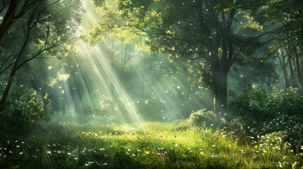 Sunlight in the green forest, spring time - obrazy, fototapety, plakaty