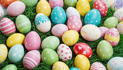 Fototapeta na wymiar Easter background with painted eggs in a vibrant spring natural setting