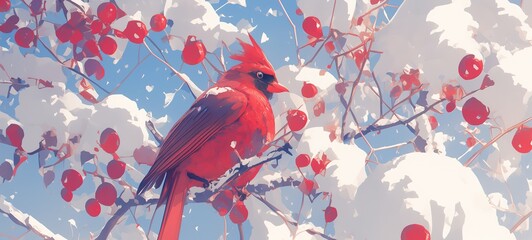 winter season illustration, red cardinal bird on cherry branch, Ai Generated