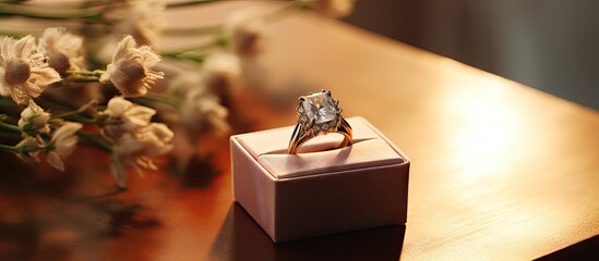 Elegant Engagement Ring Resting on a Luxurious Box Next to a Delicate Flower - Powered by Adobe