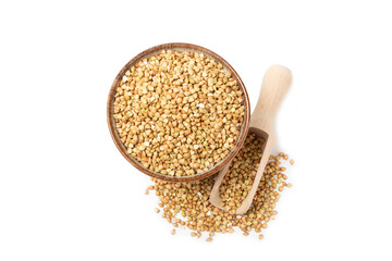 Green buckwheat in a bowl isolated on a white background. Superfood. Raw buckwheat porridge. Healthy vegan food, eco products, diet, organic.