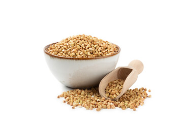 Green buckwheat in a bowl isolated on a white background. Superfood. Raw buckwheat porridge. Healthy vegan food, eco products, diet, organic.